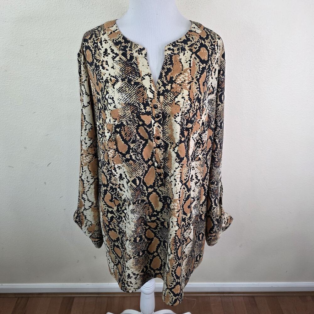 Notations Women's Animal Print Roll Tab Long Sleeve Pop Over Blouse Shirt 3X